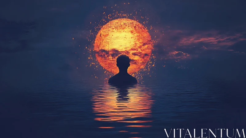 Silhouette gazes at a blazing sun over calm reflective waters