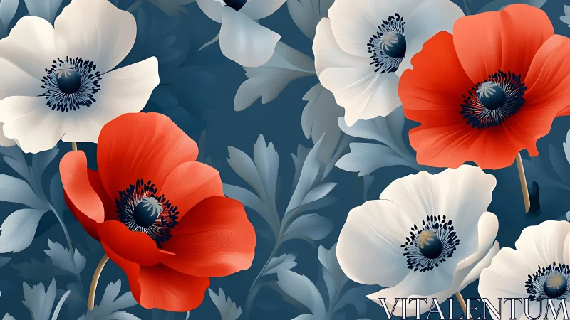 Anemone Botanical Composition: Red and White Varieties Against Deep Blue Ground