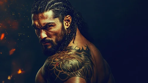 Brooding warrior portrait under ember-lit shadows.