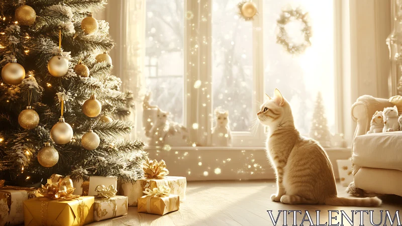 Domestic cat observing illuminated Christmas tree in warm bokeh glow