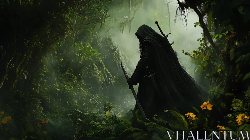Hooded swordsman stalks misty jungle under green canopy.