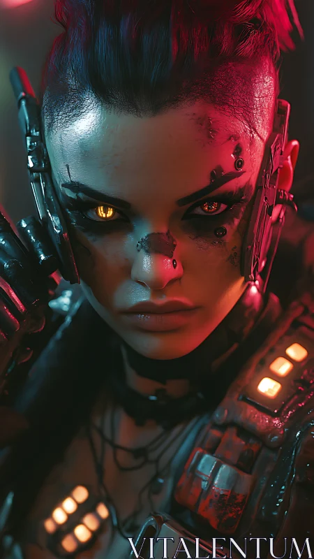 Cybernetic subject with illuminated implants and focused gaze