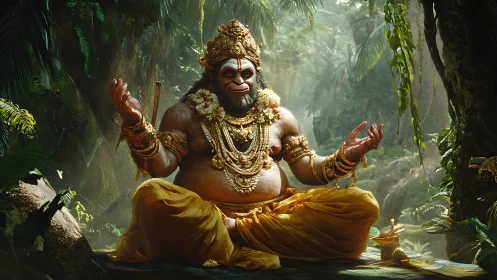 Mythic simian guru in gold regalia meditating in rainforest