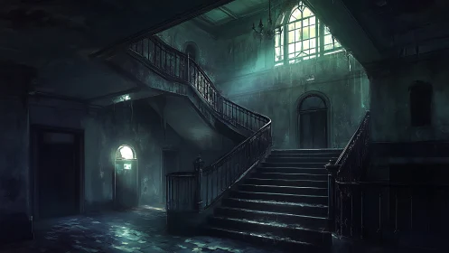 Dilapidated interior staircase shows decayed architectural details