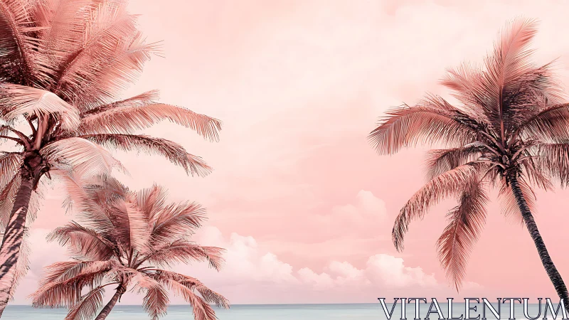 Tropical Palm Trees Silhouetted Against Pink Sky Over Calm Water