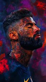 Calm portrait of a tattooed man in vivid painted colors.