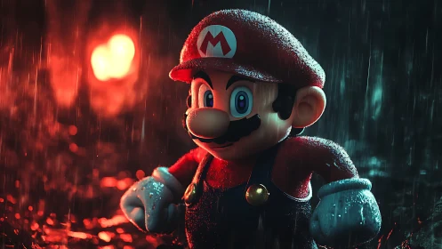 Mario figure stands in dramatic rain with cinematic lighting