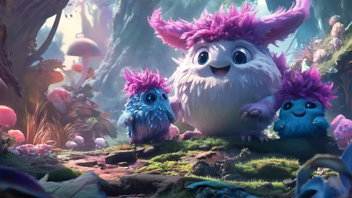 Furry fantasy creatures in bioluminescent forest scene.