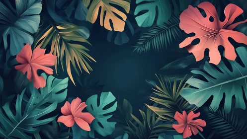 Tropical foliage frame with coral blooms on deep teal ground.