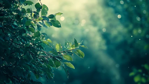 Soft morning light on dewy forest leaves in quiet glow.