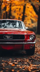Red classic Ford Mustang framed by blurred autumn foliage