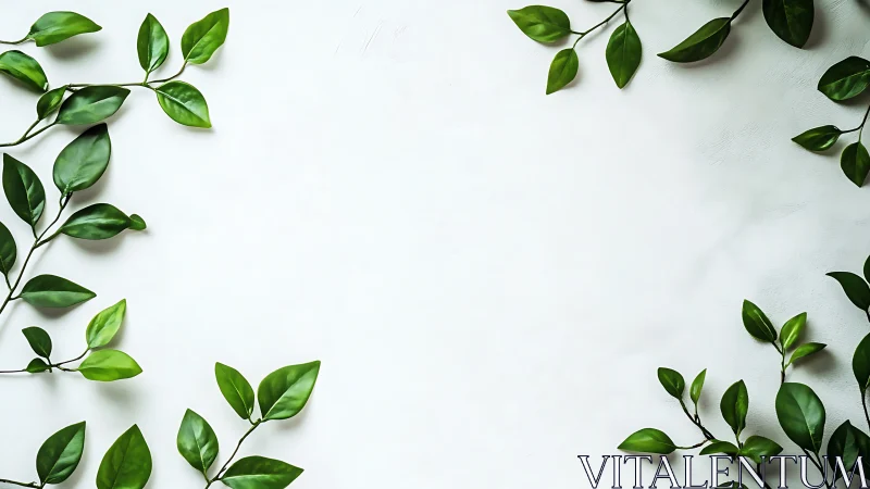 Green leafy branches frame clean white minimalist background