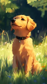 Sunlit golden puppy waiting patiently in a wildflower meadow.
