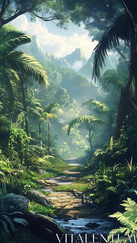 Tropical canyon landscape with stratified vegetation and distant mountains