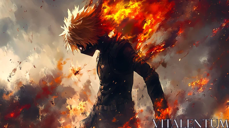 Blazing warrior strides through swirling fire and rising smoke