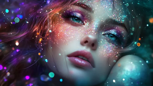Stardusted dreamer drifts through neon-tinted cosmic glitter