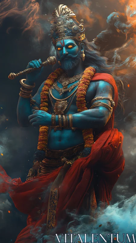 Mythic blue deity warrior with trident mace amid swirling smoke