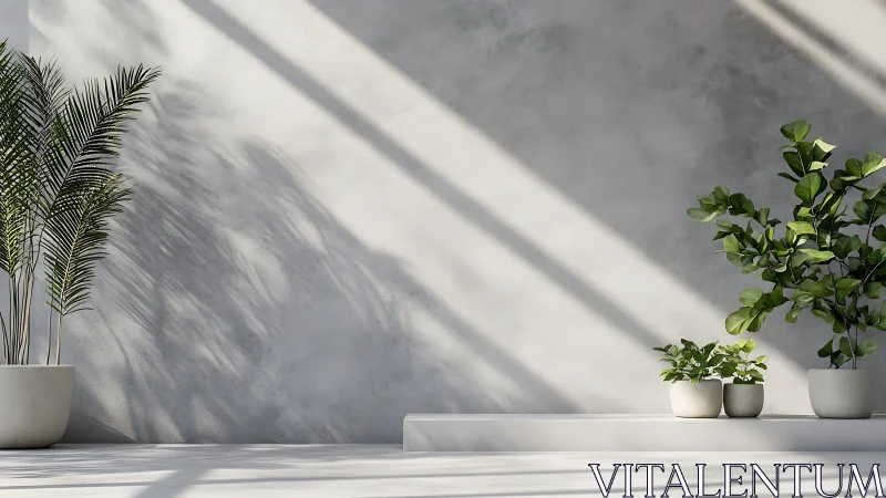 Minimalist indoor plants cast linear shadows on concrete wall