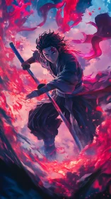 Anime swordsman channels blazing crimson energy storm.