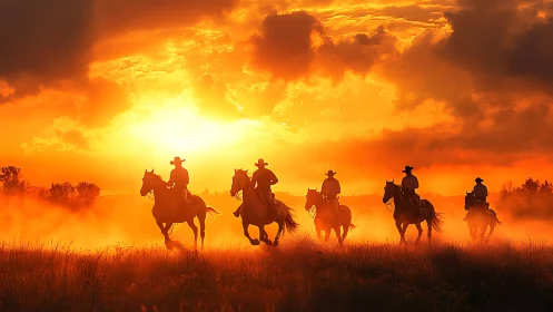 Cowboys riding at sunset across dusty open field.