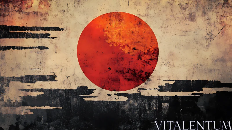 Weathered red sun circle dominates distressed grunge field