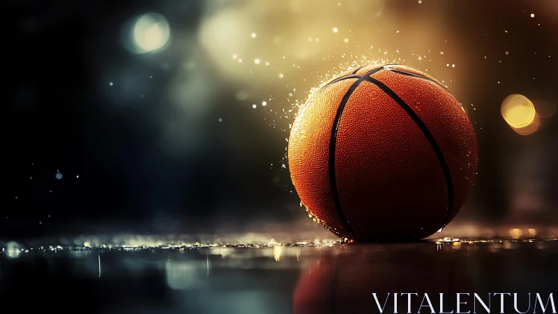 Rainlit courtside basketball glows in cinematic twilight.