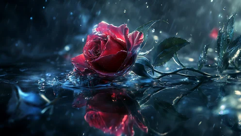 Crimson Rose in Aquatic Tempest: Digital Spectacle.