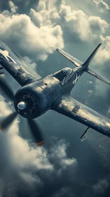 World War II fighter aircraft cutting through cloud cover.