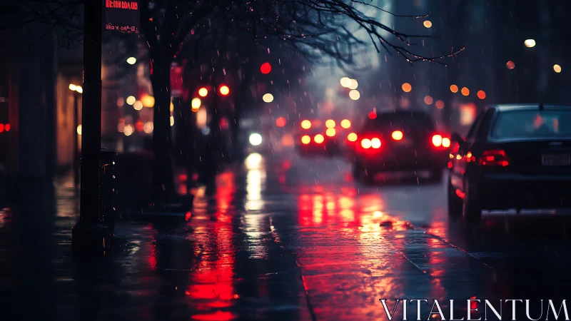 Rain falls over a city street with defocused vehicle lights