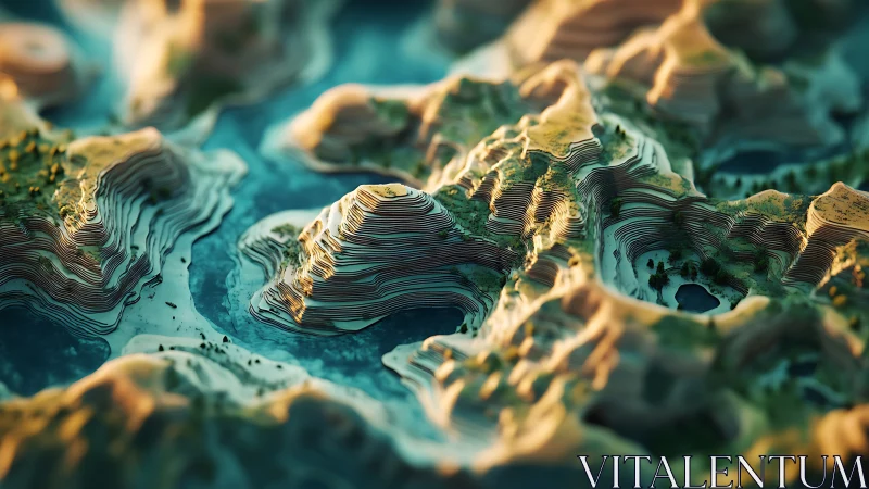 Layered 3D terrain model depicts eroded mountains and water
