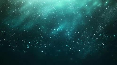 Particle field in teal volumetric bokeh diffusion space.