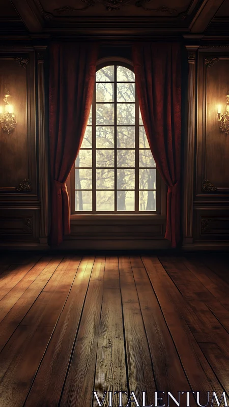 Sunlit manor window casts warm glow on polished floor.