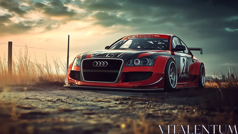 Track-tuned red Audi race car under dramatic sunset sky.