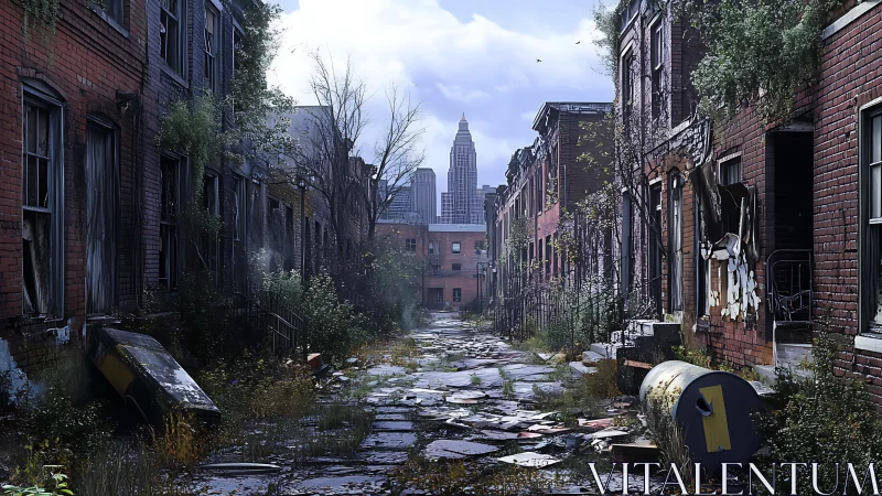 Abandoned brick alleyway converges toward distant modern skyline
