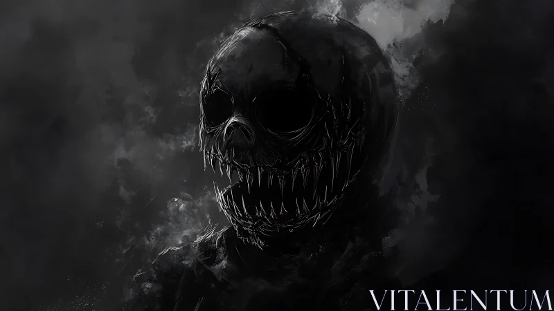 Sinister skeletal creature with jagged teeth in dark smoke.
