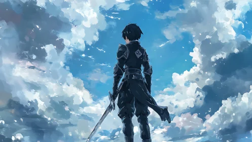 Lone armored swordsman standing under expansive sky.
