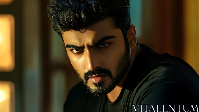 Intense male portrait in warm cinematic side lighting.