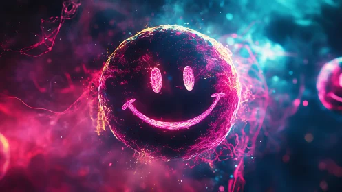 Neon plasma smiley sphere in glowing magenta cyan nebula field