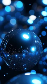 Glowing blue sphere reflects dense bokeh lights in darkness