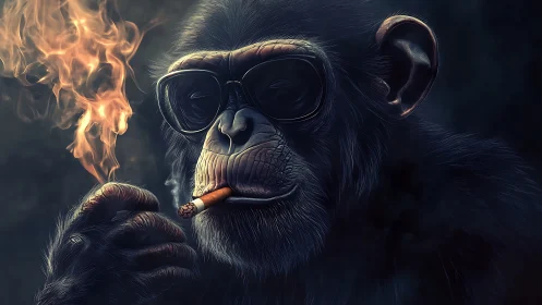 Smoldering chimp portrait with cinematic neon rim light.