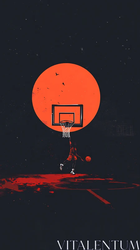 Basketball player silhouettes against oversized solar backdrop