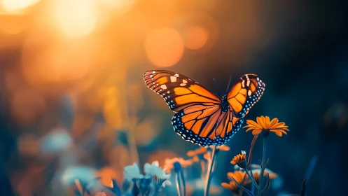 Macro study of monarch butterfly on blooms at golden hour.