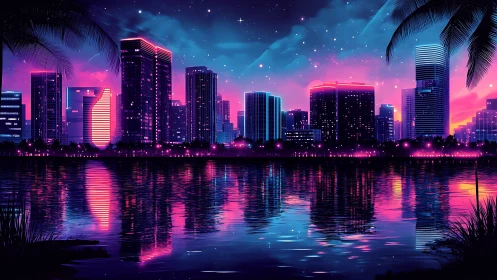 Neon-illuminated waterfront skyline reflects in still water