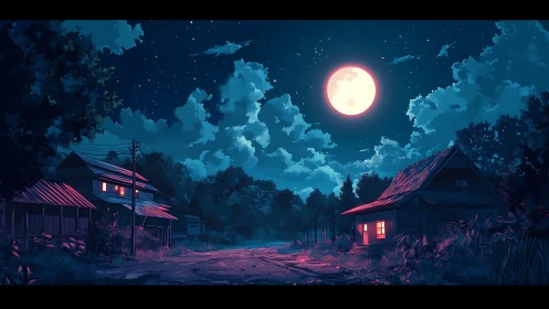 Full moon illuminates rural road between modest wooden houses