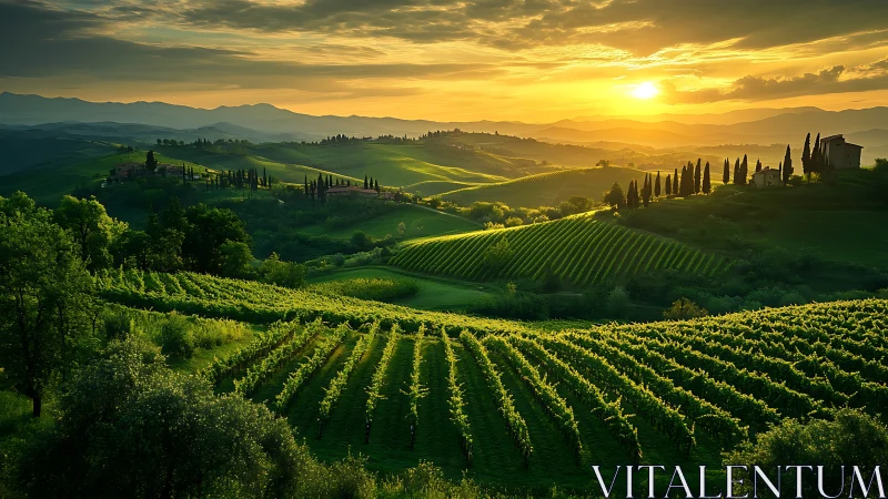 Sunlit hillside vineyards and cypress-lined ridges at sunset.