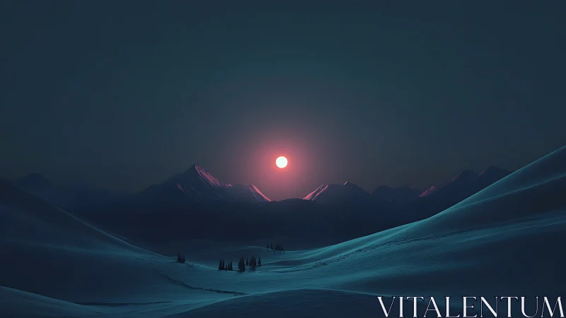 Digital painting of glacial valley under crimson polar moon.