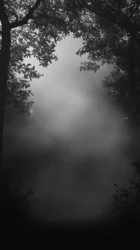 Soft twilight fog settles gently beneath a leafy forest arch