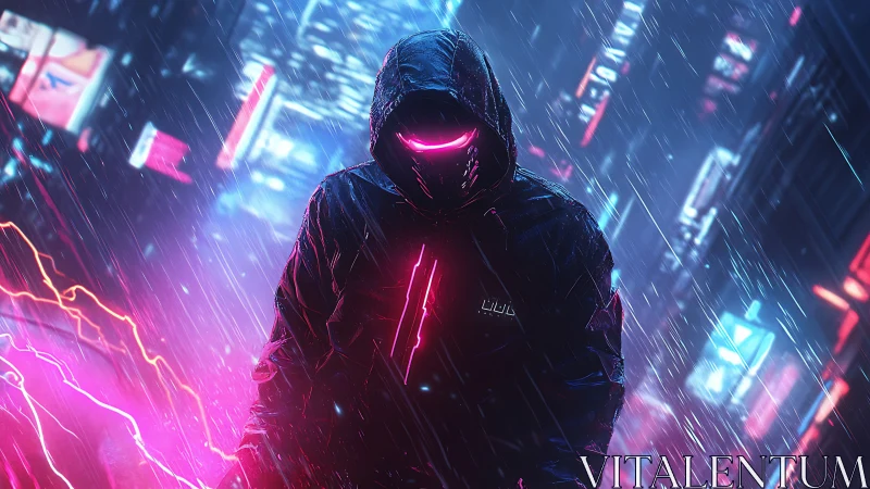 Neon hooded figure walking through a rain soaked cyber city.