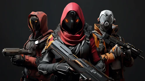 Cyberpunk tactical trio in hooded exo-armor formation.