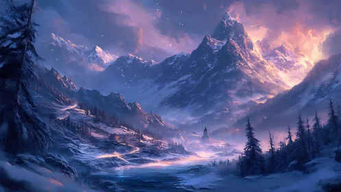 Radiant sunrise ignites a tranquil frozen valley village